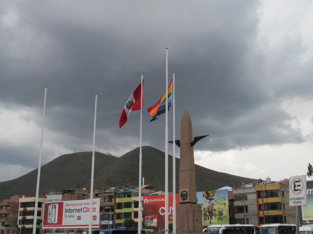 Flags and statue outside Cusco airport