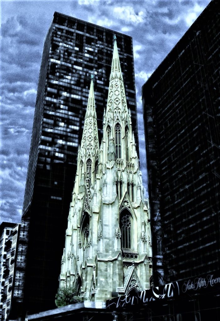 Saint Patrick's Cathedral in New York City is across from Rockefeller Center and Saks Fifth Avenue.