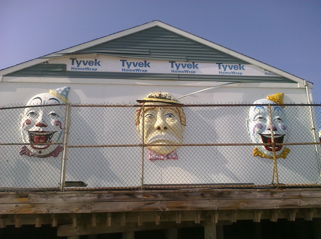 Images of clowns on the side of a building on the Seaside Heights, NJ boardwalk.
