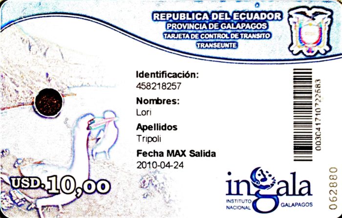 Official permission to enter the Galapagos Islands, Ecuador. Photo credit: L. Tripoli.