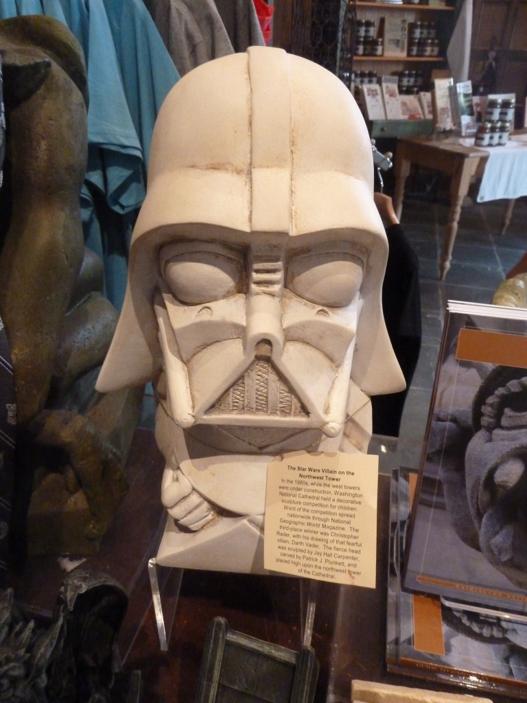 The Darth Vader grotesque at the National Cathedral in Washington, D.C., is difficult to see from the ground. A student’s drawing of the Star Wars villain won a competition, and so the Dark Knight was immortalized—on the cathedral and in its gift shop. Photo credit: M. Ciavardini