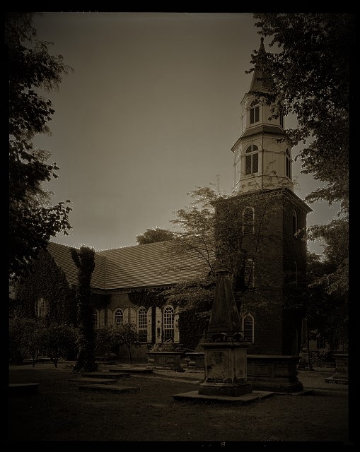 The Jones Family Cemetery is one of several burying places in Colonial Williamsburg, Va. This is a photo of the Bruton Parish Chursh in Williamsburg. Photo credit: Carnegie Survey of the Architecture of the South, Library of Congress, Prints and Photographs Division.