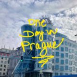 The Dancing Building in Prague with the words 'one day in Prague' superimposed. Photo credit: M. Ciavardini.