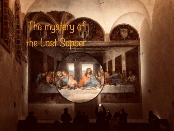 The words "the mystery of the last supper" superimposed over an image of the Last Supper painting by Leonardo da Vinci in Milan. A portion of the image showing Jesus and the apostle to his right is magnified. Photo credit: M. Ciavardini.