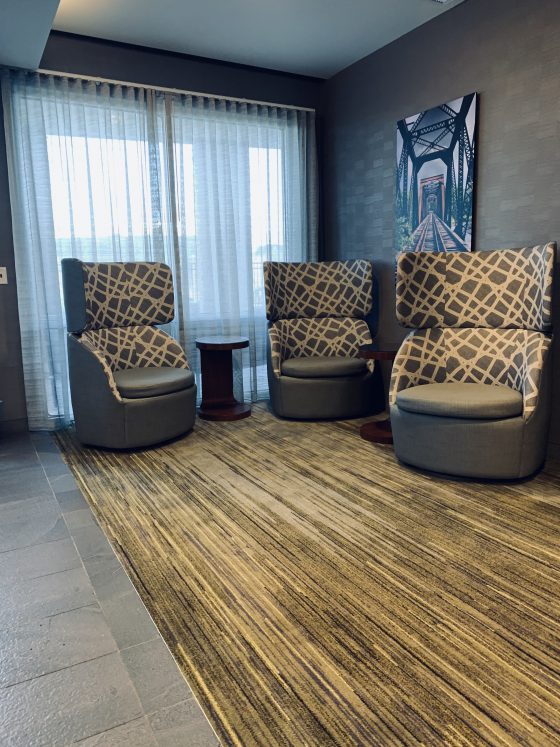 Three chairs in the lobby of the Courtyard Marriott Yonkers NY. Photo credit: M. Ciavardini.