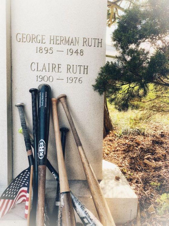Baseball bats placed at the grave of legendary baseball player Babe Ruth in Hawthorne, NY. Photo credit: M. Ciavardini.