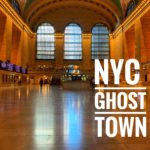 The words "NYC Ghost Town" superimposed over an image of the Main Concourse of Grand Central Terminal, which is almost empty during rush hour in the summer of 2020. Photo credit: L. Tripoli.